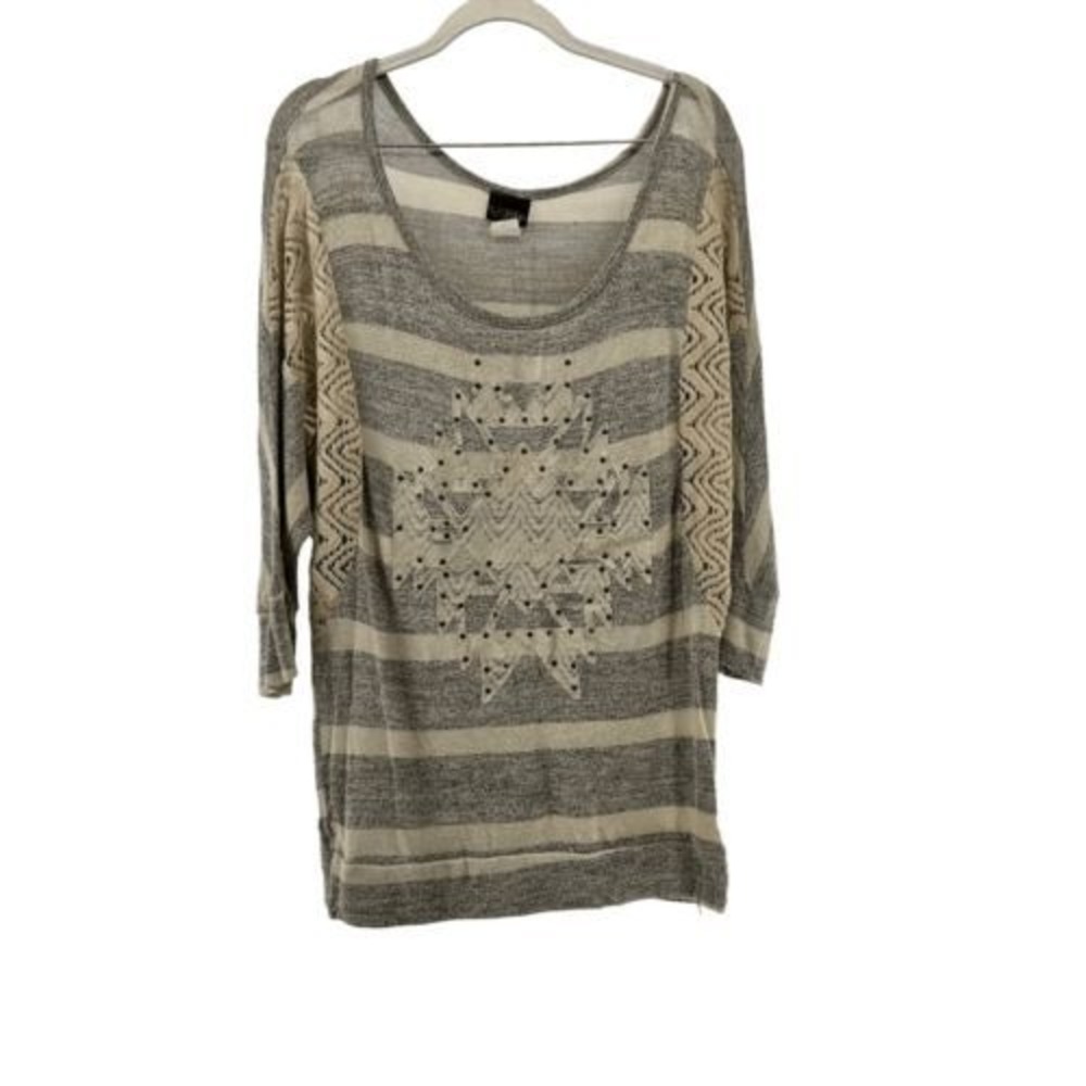 Daytrip Striped Knit Top Embellished Bohemian Tunic Gray‎ Cream Size L